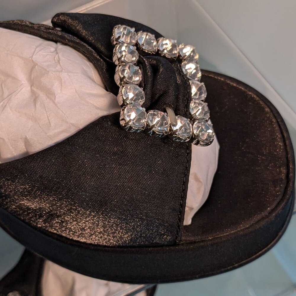 Vintage Chunky Heel Shimmer Black Platform Skechers Rhinestone Buckle Heels - Picture 13 of 16